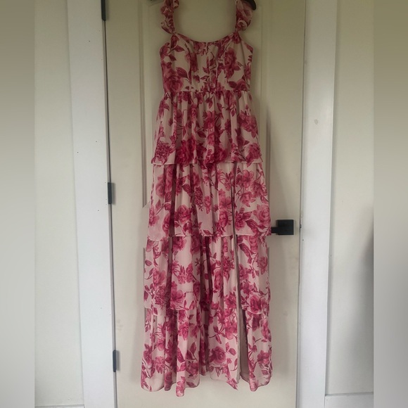 Revelry Poppy Chiffon Floral Print Tiered Dress in Hot Pink Garden - Picture 3 of 6